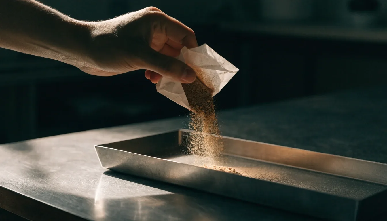 Beaker of water, fine sieve and a paper envelope of ground root arranged on a matte steel tray under hard noon light