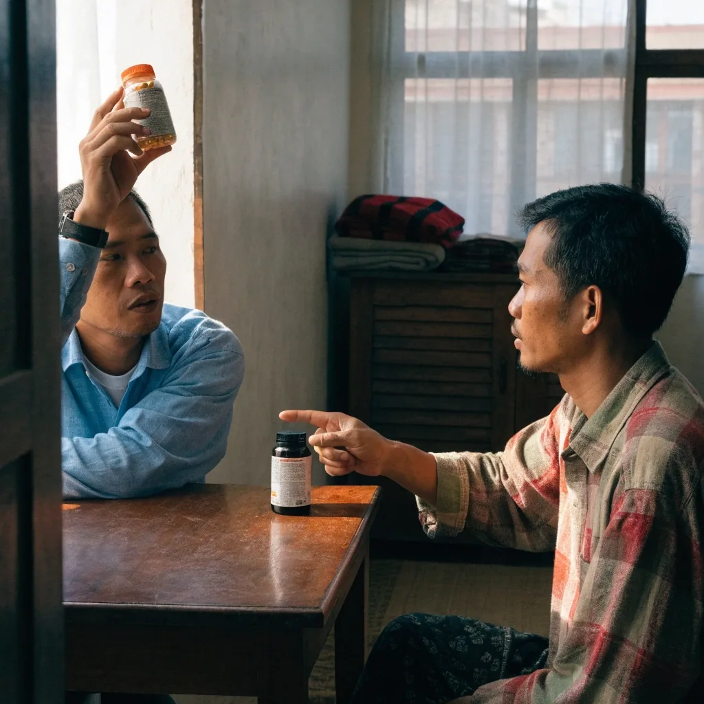 Two men comparing the backs of two supplement bottles at a wooden table in daylight