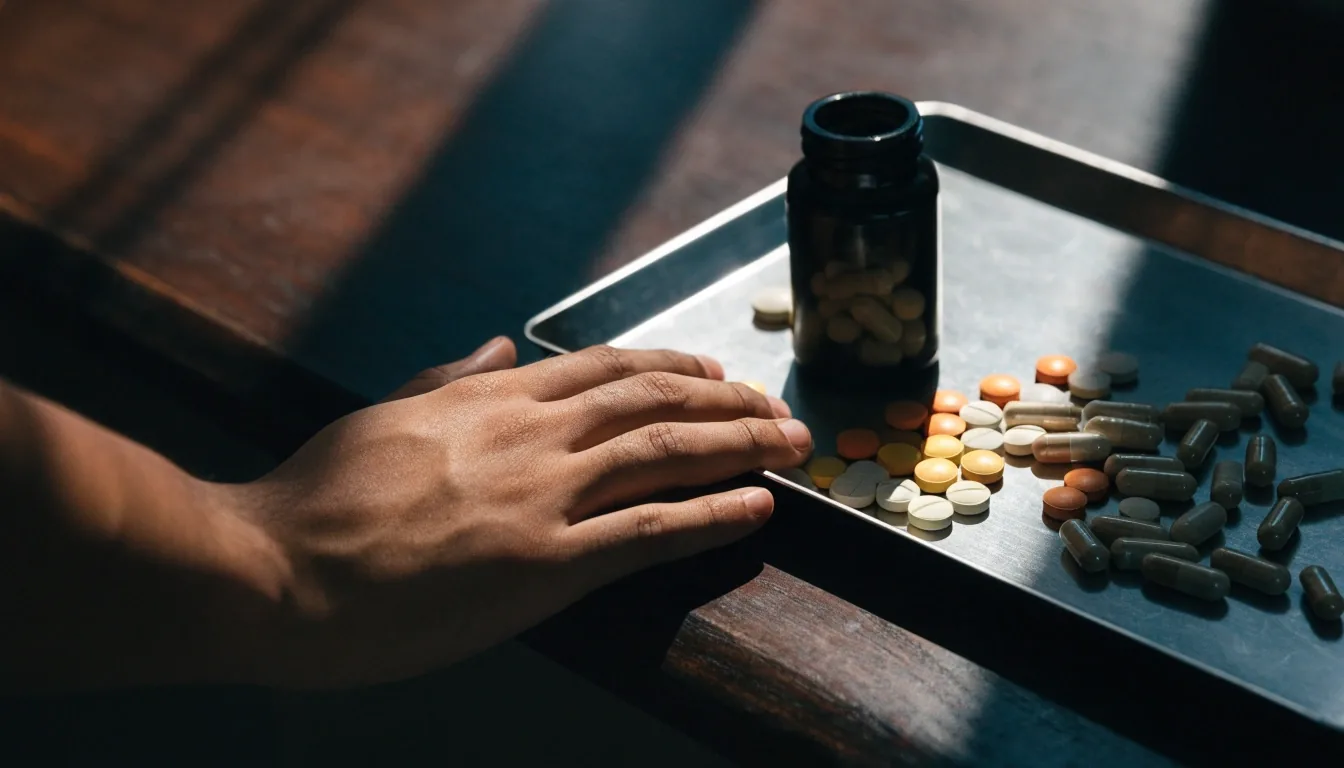 A hand holding a small unlabelled bottle beside a steel tray of capsules under hard sidelight