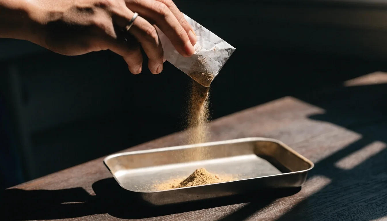 A hand tipping ground root onto a matte steel tray in raking sidelight