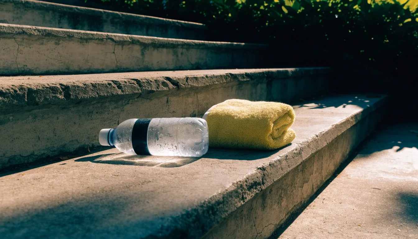 A training water bottle and folded towel resting on a concrete step in humid coastal afternoon light
