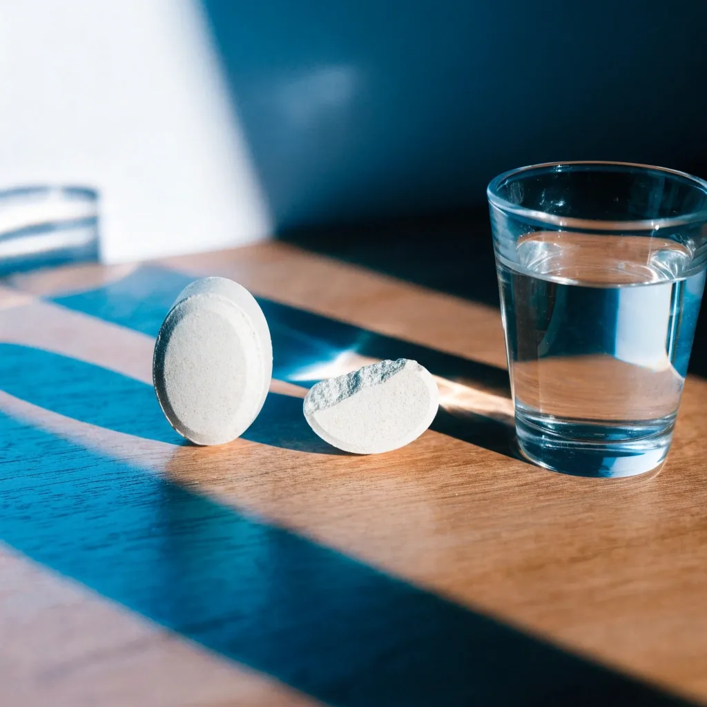 A broad daily multivitamin tablet and its broken half on paper beside a glass of water