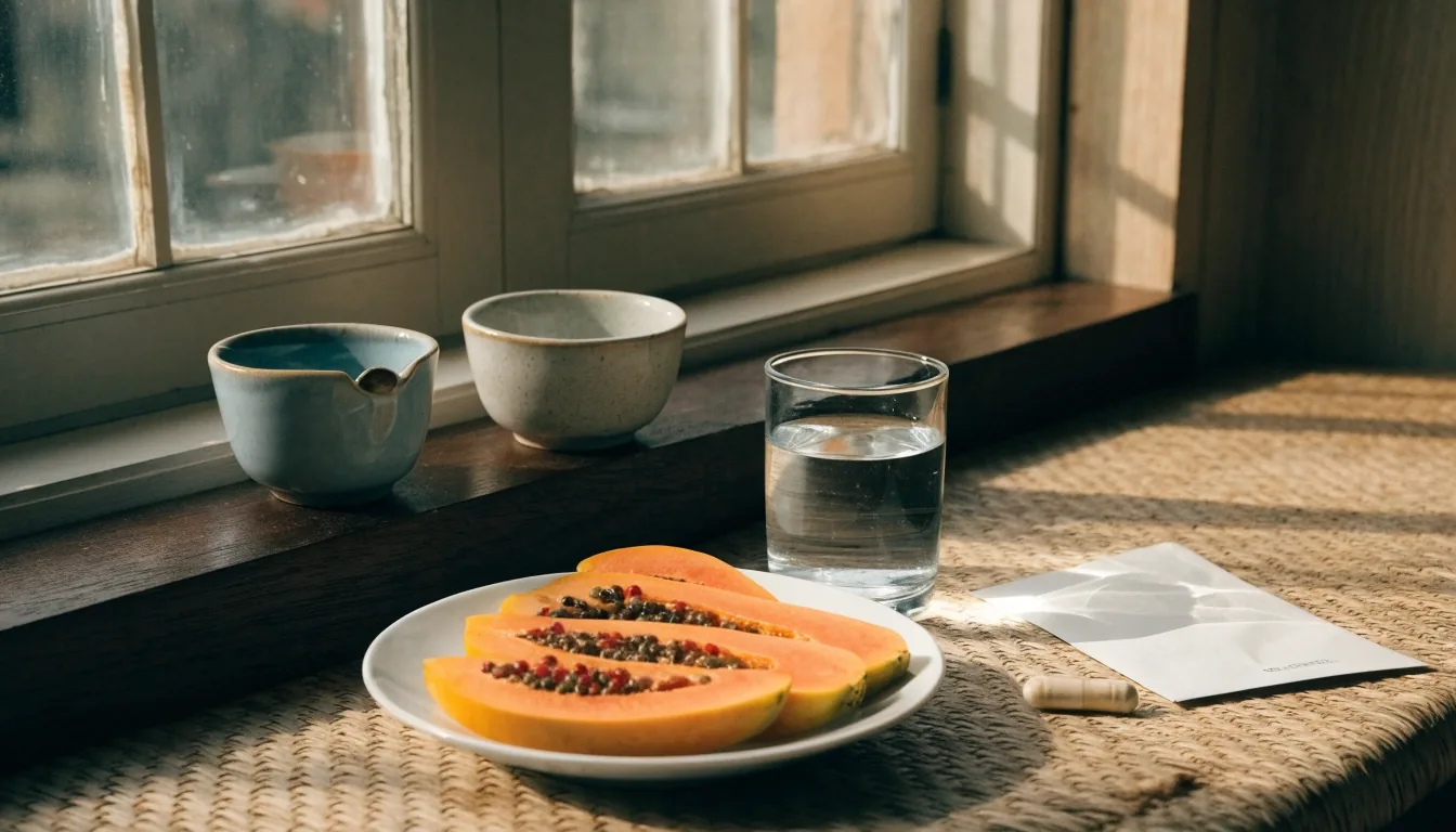 A small morning table with fruit, a glass of water, a paper envelope and a single capsule in raking light