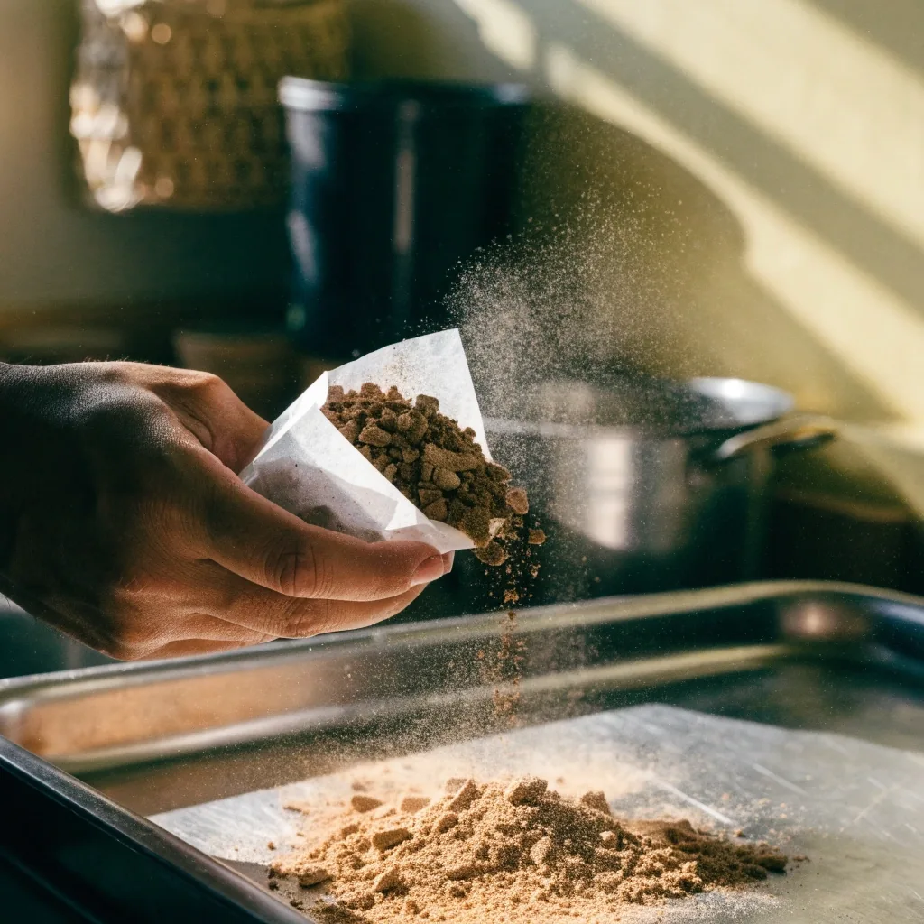 A hand tipping ground root powder from a paper envelope onto a steel tray