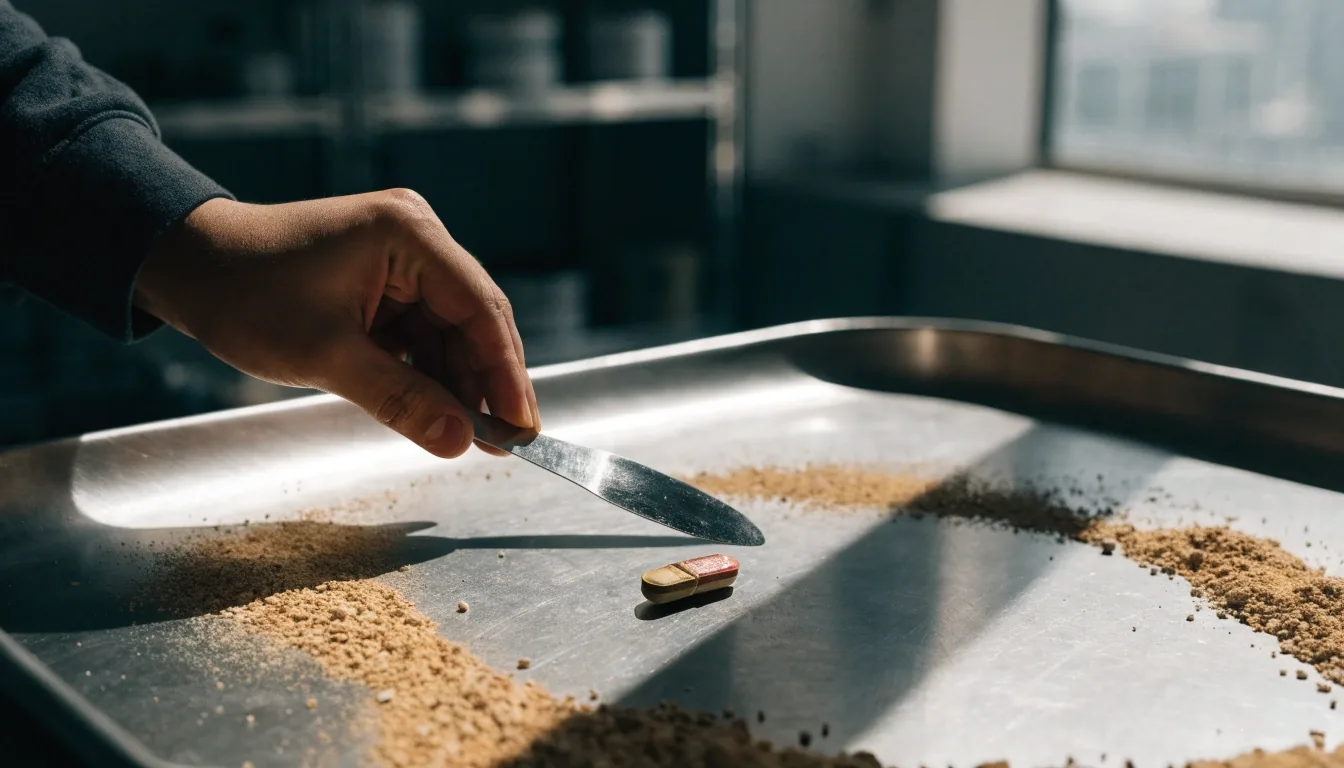 Split multivitamin tablet and loose mineral granules on a matte steel tray under hard side light