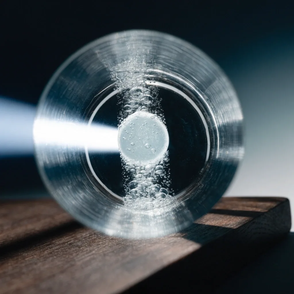 A small glass of water with a dissolving tablet caught mid-fizz in a hard side beam