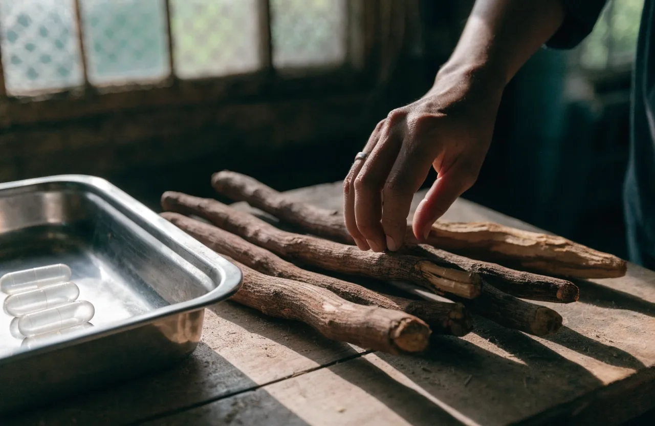 A hand pouring ground root powder from a paper envelope onto a steel tray in side light